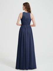 Licou Mousseline Simple Robe Avec Fente Bleu Marine