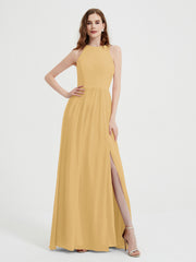 Licou Mousseline Simple Robe Avec Fente Or Grande Taille