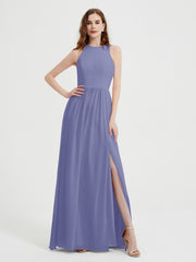 Licou Mousseline Simple Robe Avec Fente Pervenche Grande Taille