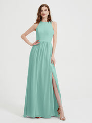 Licou Mousseline Simple Robe Avec Fente Turquoise Grande Taille