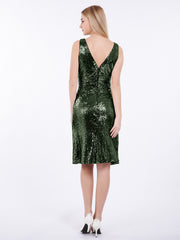 Col en V Courte Paillettes Dentelle Robe Olive Verte Grande Taille
