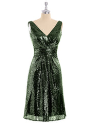 Col en V Courte Paillettes Dentelle Robe Olive Verte Grande Taille