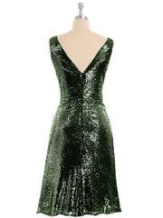 Col en V Courte Paillettes Dentelle Robe Olive Verte Grande Taille