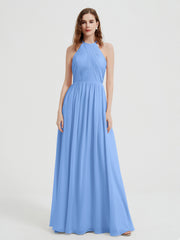 Licou Mousseline Robes Avec Corsage Plissé Bleu Grande Taille