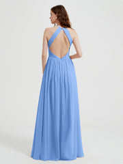 Licou Mousseline Robes Avec Corsage Plissé Bleu Grande Taille