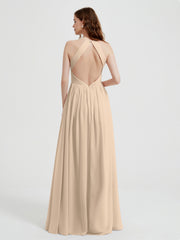 Licou Mousseline Robes Avec Corsage Plissé Champagne Grande Taille