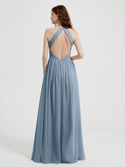 Licou Mousseline Robes Avec Corsage Plissé Bleu Poudré
