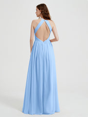Licou Mousseline Robes Avec Corsage Plissé Bleu Ciel Grande Taille