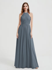 Licou Mousseline Robes Avec Corsage Plissé Bleu de Schiste Grande Taille