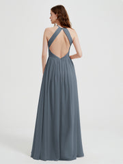 Licou Mousseline Robes Avec Corsage Plissé Bleu de Schiste Grande Taille