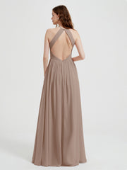 Licou Mousseline Robes Avec Corsage Plissé Taupe Grande Taille