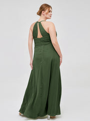 Robe de Demoiselle d'Honneur Élégante à Bretelles Spaghetti avec Col en V Olive Verte