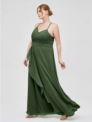 Robe de Demoiselle d'Honneur Élégante à Bretelles Spaghetti avec Col en V Olive Verte Grande Taille