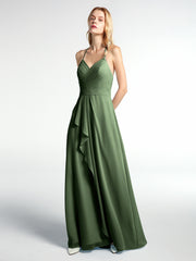 Robe de Demoiselle d'Honneur Élégante à Bretelles Spaghetti avec Col en V Olive Verte