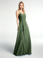 Robe de Demoiselle d'Honneur Élégante à Bretelles Spaghetti avec Col en V Olive Verte