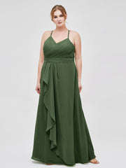 Robe de Demoiselle d'Honneur Élégante à Bretelles Spaghetti avec Col en V Olive Verte