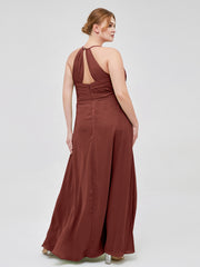 Robe de Demoiselle d'Honneur Élégante à Bretelles Spaghetti avec Col en V terracotta