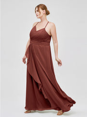 Robe de Demoiselle d'Honneur Élégante à Bretelles Spaghetti avec Col en V terracotta