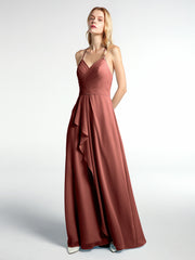 Robe de Demoiselle d'Honneur Élégante à Bretelles Spaghetti avec Col en V terracotta