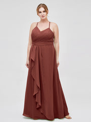Robe de Demoiselle d'Honneur Élégante à Bretelles Spaghetti avec Col en V terracotta