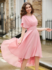 Robe en mousseline avec manches évasées et encolure bijou Rose Poudré