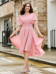 Robe en mousseline avec manches évasées et encolure bijou Rose Poudré
