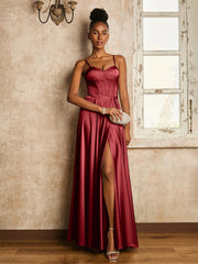 Robe à A-ligne Longueur au Sol avec Lacet Bordeaux