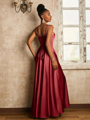 Robe à A-ligne Longueur au Sol avec Lacet Bordeaux