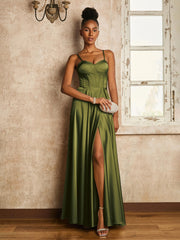 Robe à A-ligne Longueur au Sol avec Lacet Olive Verte