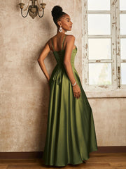 Robe à A-ligne Longueur au Sol avec Lacet Olive Verte