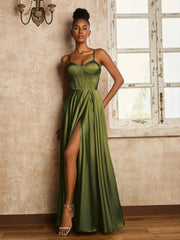 Robe à A-ligne Longueur au Sol avec Lacet Olive Verte