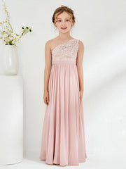 Robes de Demoiselle d'Honneur Junior à Une Épaule en Dentelle et Mousseline Rose Poudré