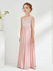 Robes de Demoiselle d'Honneur Junior à Une Épaule en Dentelle et Mousseline Rose Poudré