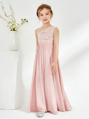 Robes de Demoiselle d'Honneur Junior à Une Épaule en Dentelle et Mousseline Rose Poudré