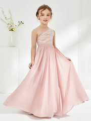 Robes de Demoiselle d'Honneur Junior à Une Épaule en Dentelle et Mousseline Rose Poudré