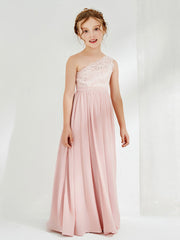 Robes de Demoiselle d'Honneur Junior à Une Épaule en Dentelle et Mousseline Rose Poudré