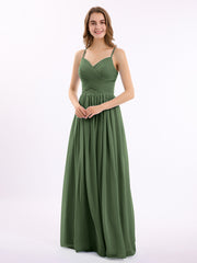 Col en Cœur Mousseline Robe avec Spaghetti Bretelle Olive Verte