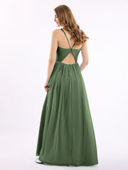 Col en Cœur Mousseline Robe avec Spaghetti Bretelle Olive Verte Grande Taille