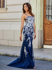 Robe Sirène Appliquée Dos Nu en Tulle Dentelle Bleu Marine Grande Taille