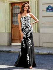 Robe Sirène Appliquée Dos Nu en Tulle Dentelle Noir Grande Taille