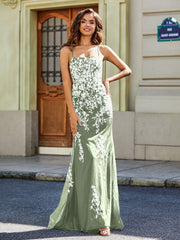 Robe Sirène Appliquée Dos Nu en Tulle Dentelle Sauge Poudrée