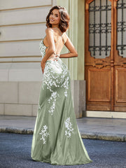 Robe Sirène Appliquée Dos Nu en Tulle Dentelle Sauge Poudrée