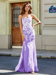 Robe Sirène Appliquée Dos Nu en Tulle Dentelle Lilas Grande Taille