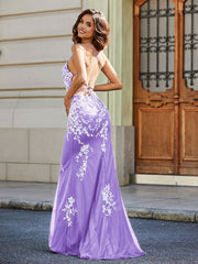 Robe Sirène Appliquée Dos Nu en Tulle Dentelle Lilas Grande Taille