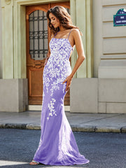 Robe Sirène Appliquée Dos Nu en Tulle Dentelle Lilas