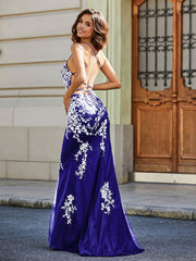 Robe Sirène Appliquée Dos Nu en Tulle Dentelle Bleu Royale Grande Taille