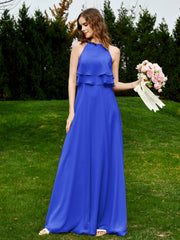 Deux Couches Volants Corsage Mousseline Robes Bleu Royale Grande Taille