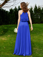 Deux Couches Volants Corsage Mousseline Robes Bleu Royale Grande Taille