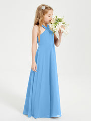 Robes de Demoiselles d'Honneur Junior Longues à Décolleté Grec Bleu