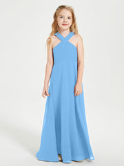 Robes de Demoiselles d'Honneur Junior Longues à Décolleté Grec Bleu